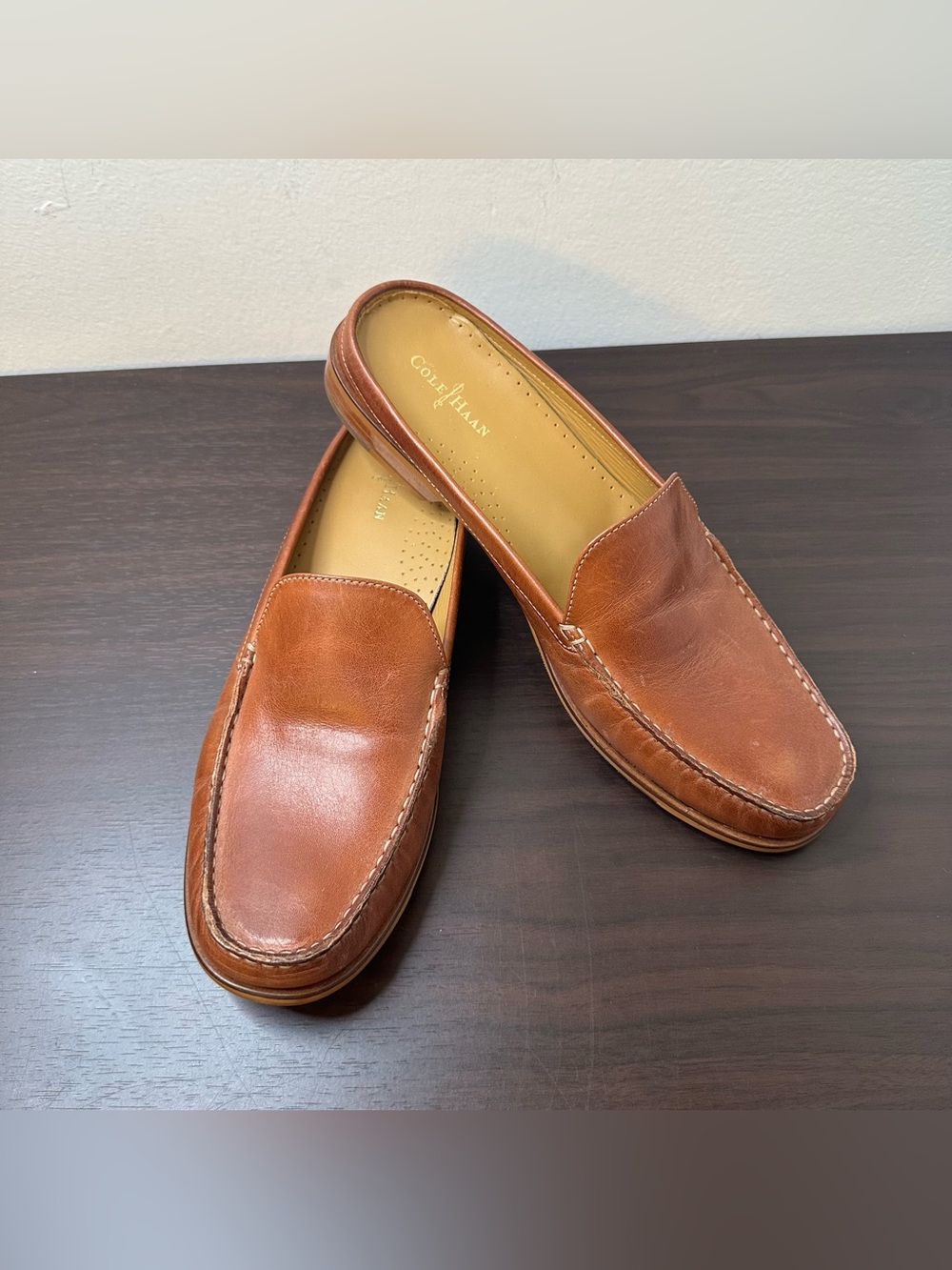 Cole Haan Brown Leather Ryan Mule Loafers, Size 11, Slip-On Flat Shoes, Preppy